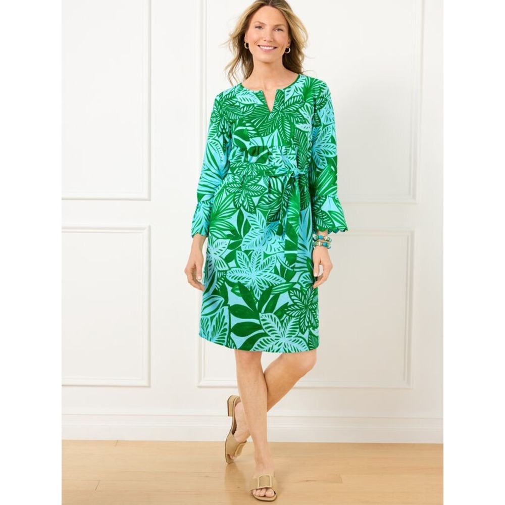 NWT Talbots Plus 2X Ruffle Cut Linen Blend Tropical Leaf Bell Sleeve Dress Green